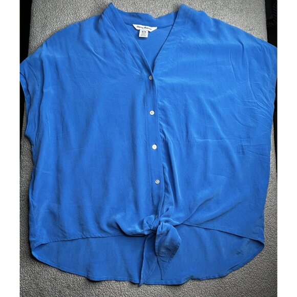 Tommy Bahama Shirt Womens Medium Blue Silk Button Up Tie Front Doman Sleeve - Picture 1 of 10